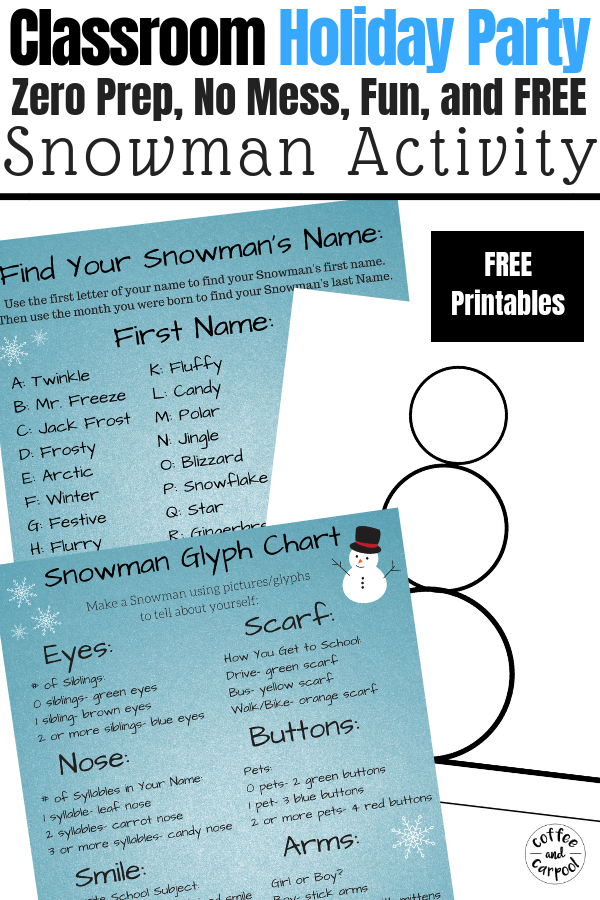 This Snowman Project is a fun, no mess, free, no prep holiday party craft perfect for elementary school classrooms. #winterparty #classroomparty #snowmancraft #coffeeandcarpool 