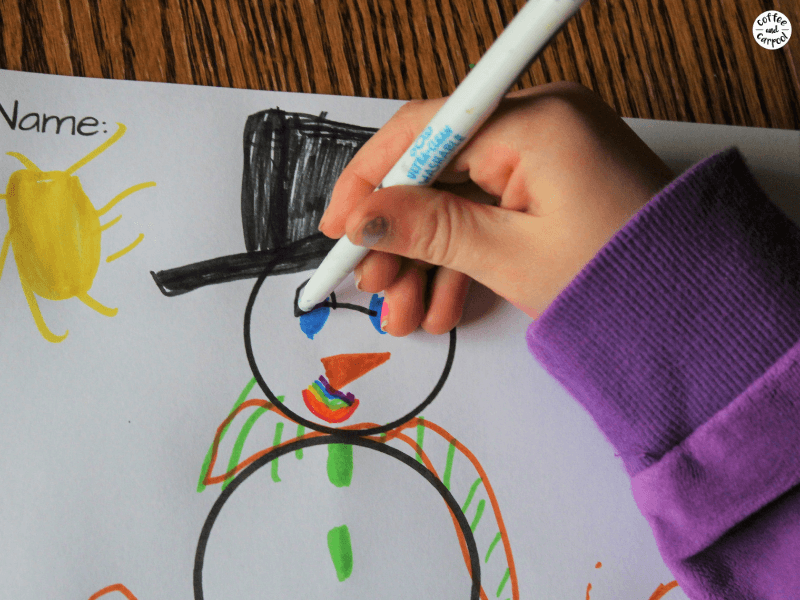 Snowman glyph project is a simple, mess free winter project, perfect for large groups of kids. #snowman #winterparty #coffeeandcarpool