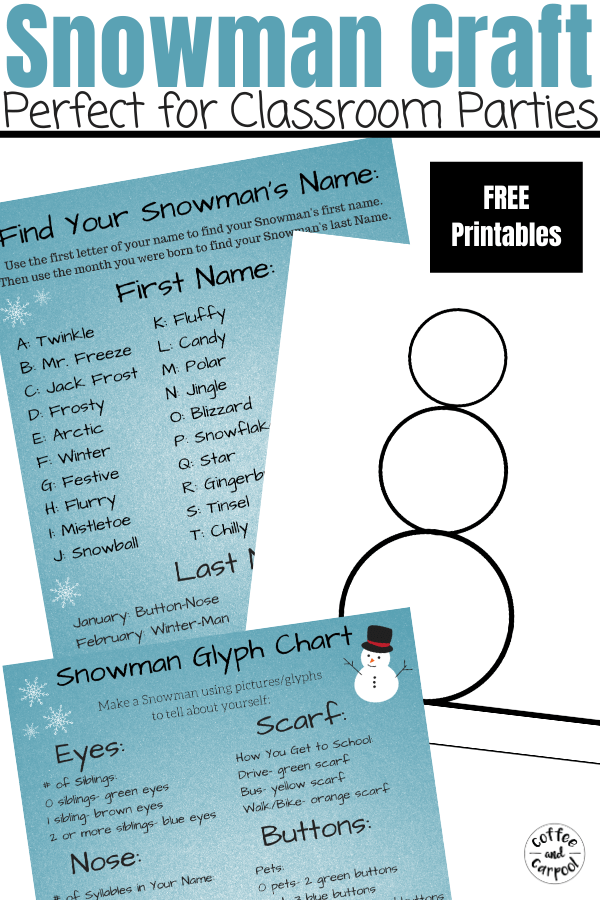 This Snowman craft Project is a fun, no mess, free, no prep holiday party craft perfect for elementary school classrooms. #winterparty #classroomparty #snowmancraft #coffeeandcarpool