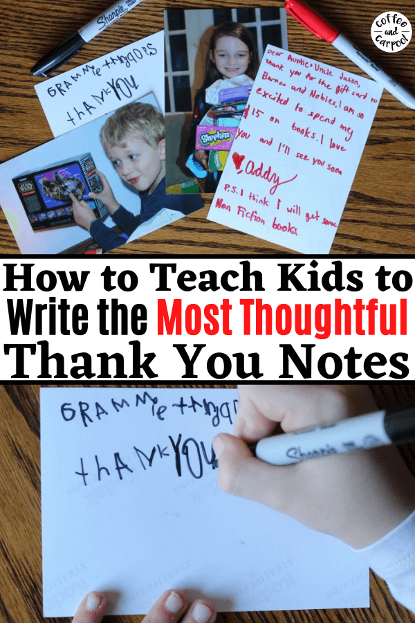 Want a fun way to send thank you notes? Use a picture of your kid opening their gift and write the note on the back. www.coffeeandcarpool.com #thankyounotes #gratefulkids