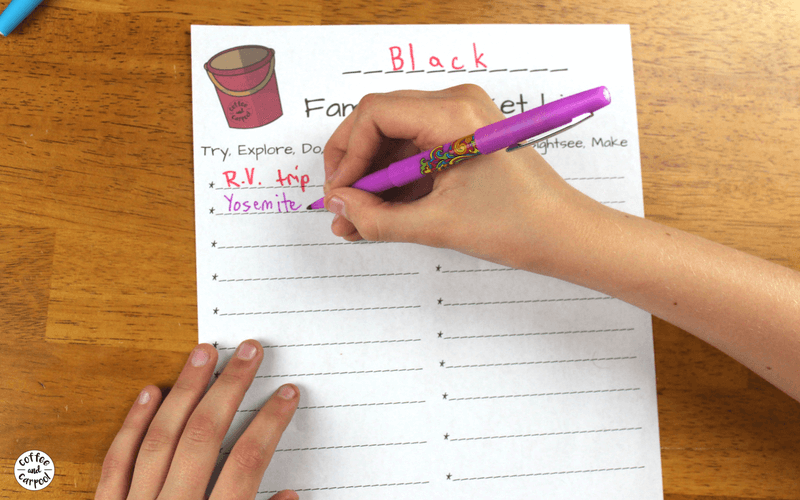 Create a family bucket list from this free printable and fill out to connect more with your family. #familybucketlist #staycation #familyfunideas #familydateideas #coffeeandcarpool