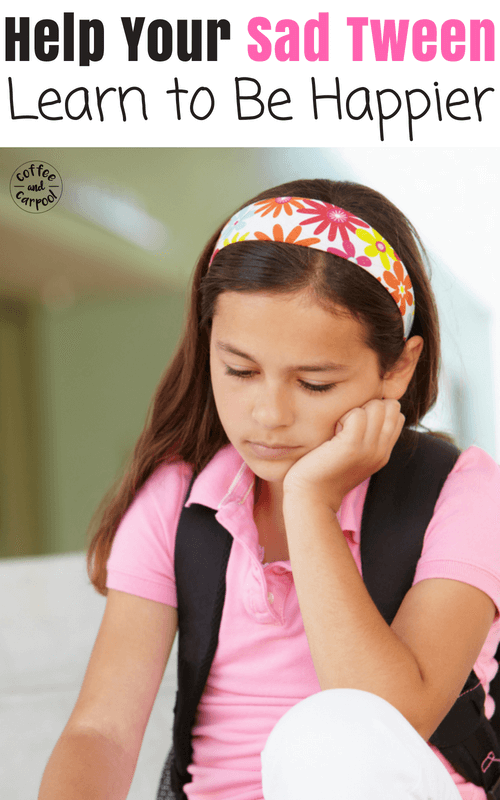 10 ideas to help your sad tween be happier and find happiness from within. Our kids can be taught to be happier, which is essential for our tweens and their mood shifts. #parentingtweens #parentingpreteens #tweens #preteens #momadvice #parenting101 #parentingadvice #raisinghappierkids #raisinghappykids #happytweens #coffeeandcarpool