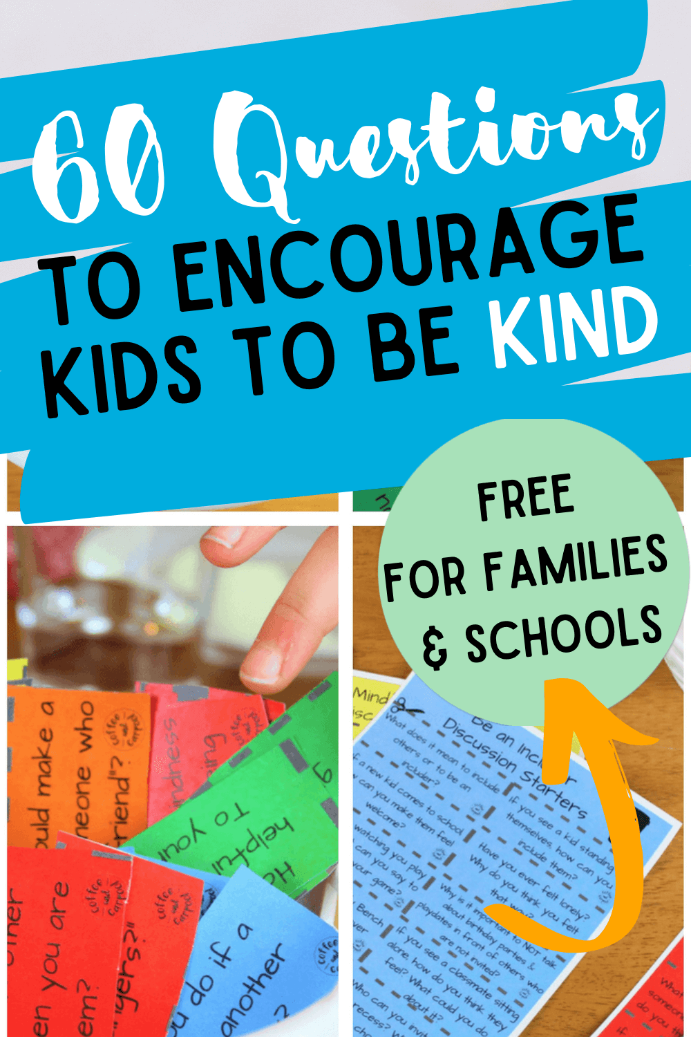 Kindness Discussion Starters to use with your kids to talk about how to be kind #raisingkindkids #raisinghelpers #raisekindkids #kindkids #kidswhoarehelpers #beanincluder #goodfriend #discussionstartes #familydinner #familytime #coffeeandcarpool