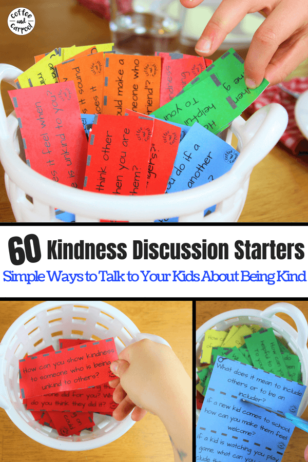 Kindness Discussion Starters to use with your kids to talk about how to be kind #raisingkindkids #raisinghelpers #raisekindkids #kindkids #kidswhoarehelpers #beanincluder #goodfriend #discussionstartes #familydinner #familytime #coffeeandcarpool