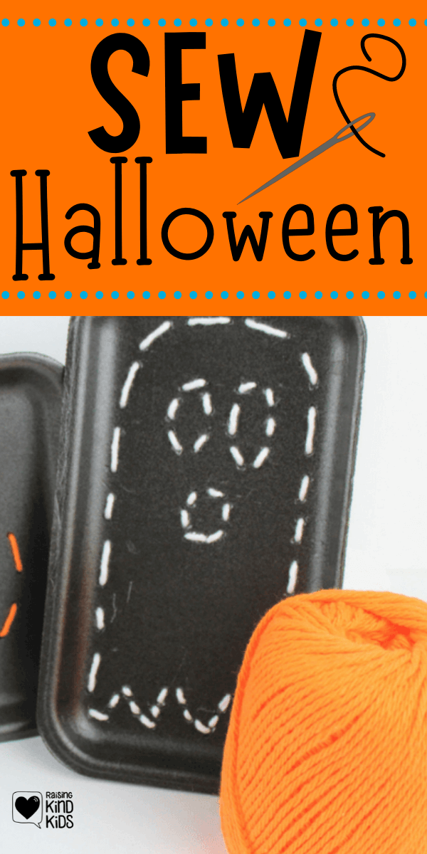Halloween craft for kids that teaches kids how to sew. They'll sew pumpkins and ghosts with meat trays and blunt needles to help beginning sewers #sewing #teachkidstosew #Halloween #Halloweencraft #Halloweenactivity #beginningsewing #sewingforkids #sewing #Halloweensewing #coffeeandcarpool