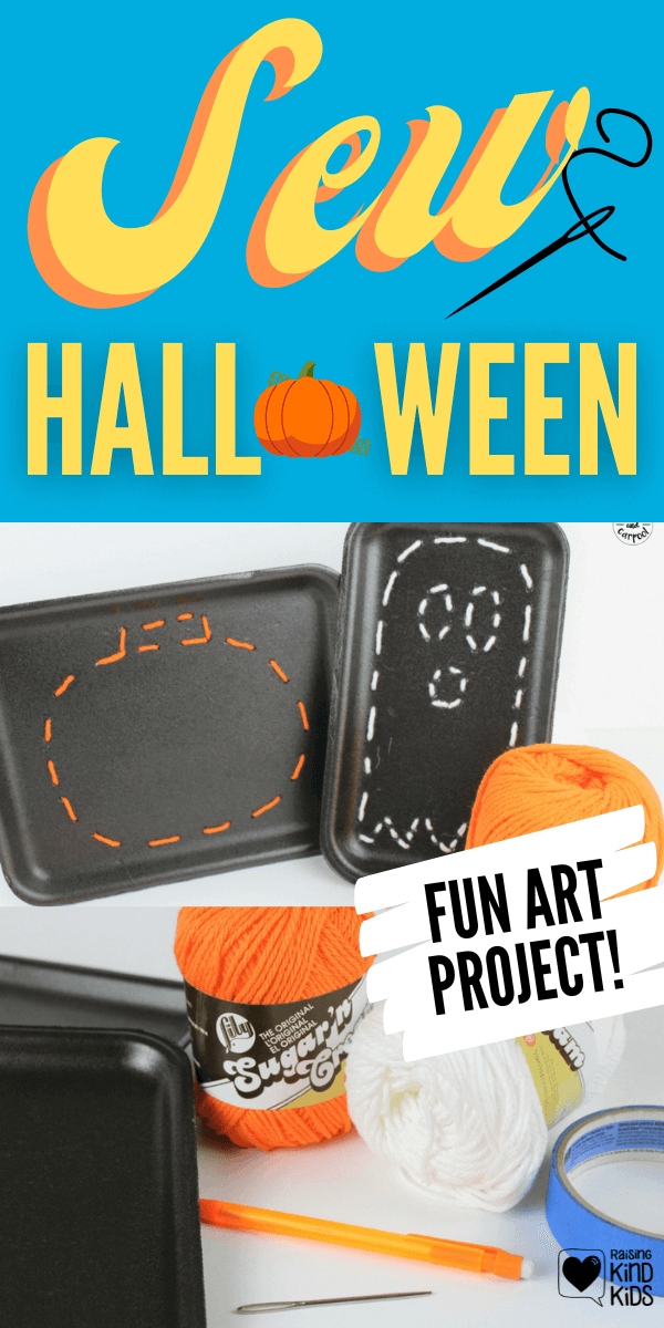 Halloween craft for kids that teaches kids how to sew. They'll sew pumpkins and ghosts with meat trays and blunt needles to help beginning sewers #sewing #teachkidstosew #Halloween #Halloweencraft #Halloweenactivity #beginningsewing #sewingforkids #sewing #Halloweensewing #coffeeandcarpool