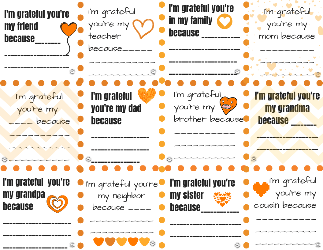 Gratitude Kindness Notes to give to family and friends to tell them why you're grateful for them.