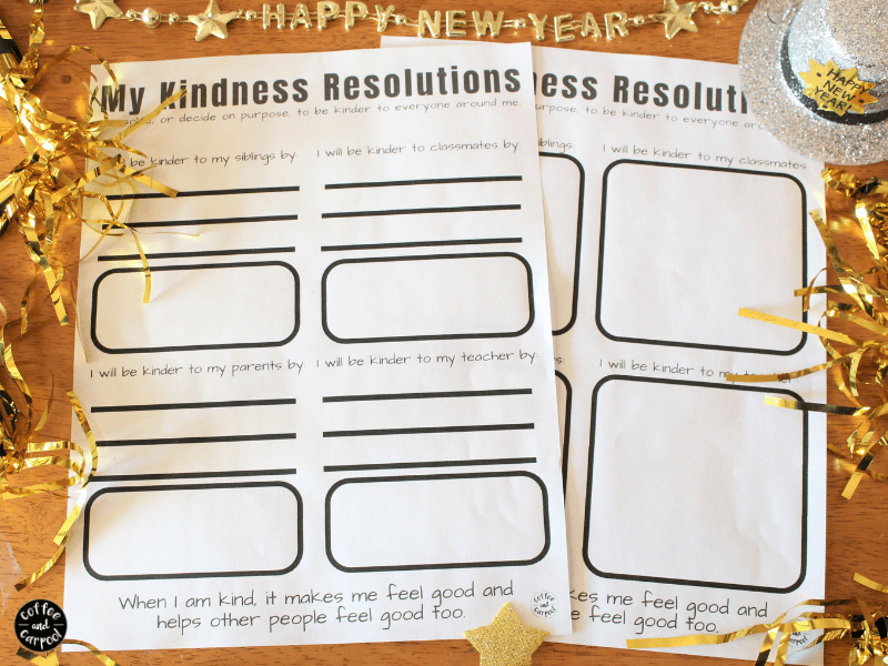 Kindness Resolution Free Printables to help encourage your kids to show more kindness this next year #kidsresolutions #newyearsactivities #kindkids #coffeeandcarpool