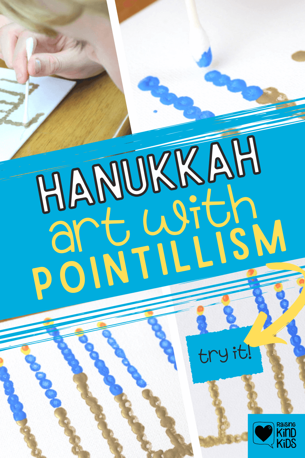 Celebrate Hanukkah with this Hanukkah art project using dots to create a menorah. #Hanukkah #Chanukkah #Hanukkahcraft #Hanukkahart #Hanukkahactivities #Hanukkahactivitiesforkids #interfaith #Jewishcrafts #Jewishprojects #Jewishactivities