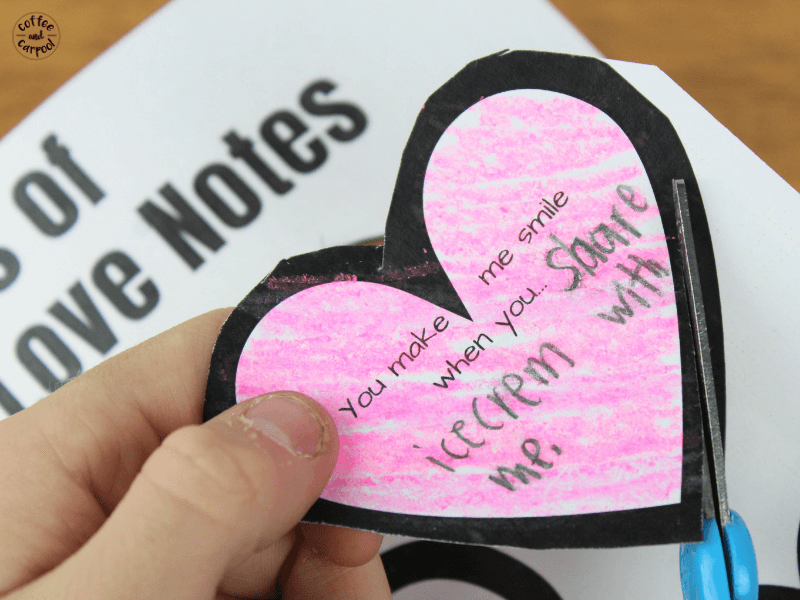 These Kindness Notes for Kids are perfect for Valentine's Day to spread some love in your home. Help build a sibling connection by having kids write kindness notes to their siblings every day leading up to Valentine's Day #valentinesday #vday #kindness #kindnessactivities #coffeeandcarpool