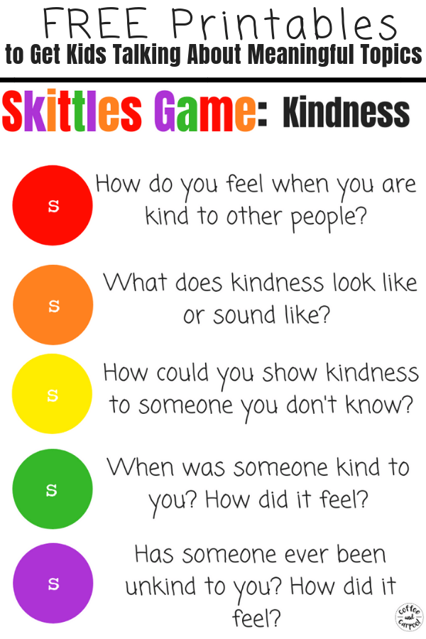 Skittles Game for Kids to Encourage Kindness and Friendship by having meaningful discussions and conversations about hard topics. This is perfect for youth groups, Scouts, classrooms and family dinners. #skittlesgames #skittles #kindness #discussion #familydinner #scouts #coffeeandcarpool #kindness