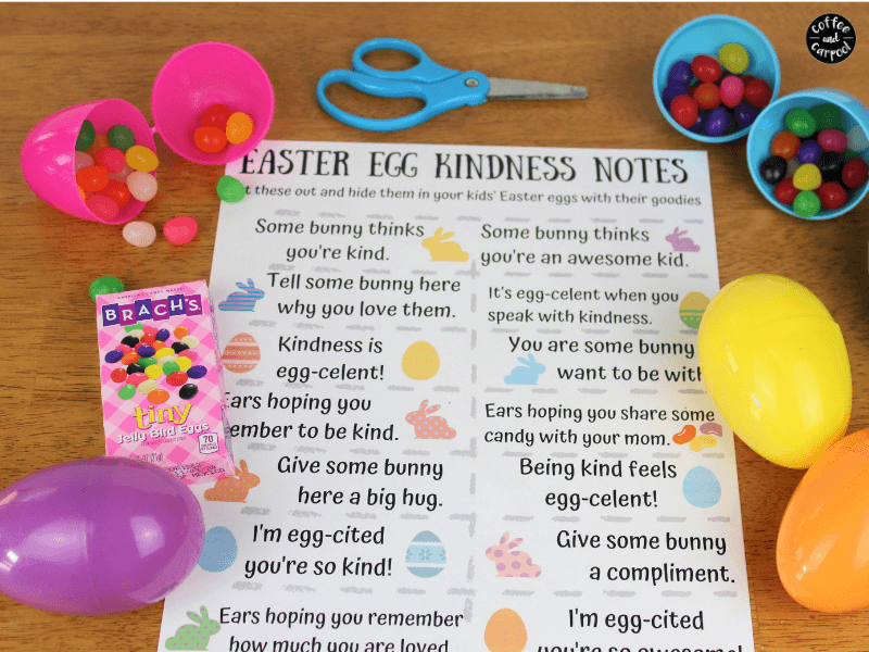These kindness Easter notes are perfect to hide in your kids Easter egg hunt eggs to help spread some kindness. They will inspire kindness and encourage kindness activities like giving compliments, sharing candy, and giving hugs to family. #easter #easteregghunt #kindnessactivities #kindness #raisingkindkids #printable #coffeeandcarpool 