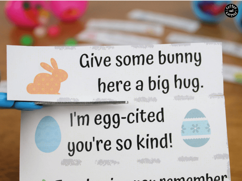 These kindness Easter notes are perfect to hide in your kids Easter egg hunt eggs to help spread some kindness. They will inspire kindness and encourage kindness activities like giving compliments, sharing candy, and giving hugs to family. #easter #easteregghunt #kindnessactivities #kindness #raisingkindkids #printable #coffeeandcarpool 