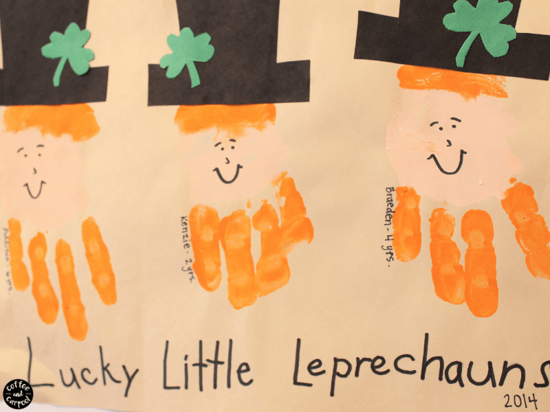 This leprechaun hand print craft is the perfect St. Patrick's Day craft for kids since it measures their small little hand. #stpatricksday #stpatricksdaycrafts #leprechaun #handprintcraft #handrpintart #coffeeandcarpool 