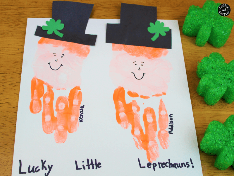 This leprechaun handprint craft is the perfect St. Patrick's Day craft for kids since it measures their small little hand. #stpatricksday #stpatricksdaycrafts #leprechaun #handprintcraft #handrpintart #coffeeandcarpool 