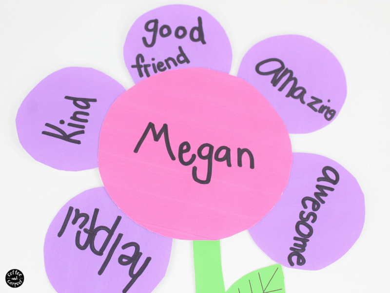 This kindness flower craft is perfect for kids to make for their friends by sharing kind words. This kindness craft is also a great friendship craft. #kindnesscraft #kindnesscrafts #friendshipcraft #friendship #kindnessactivities #kind #coffeeandcarpool 