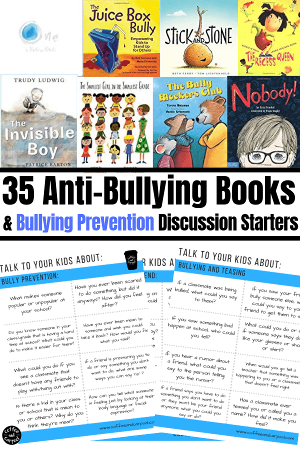 These anti-bullying books are perfect for bullying prevention and for talking about bullies. Comes with bullying prevention discussion starters #freeprintables #bullying #bullyprevention #antibullying #booklists #kindkids #raisingkindkids #coffeeandcarpool