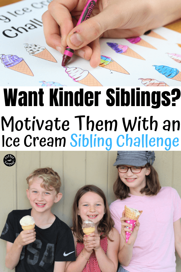 Are you parenting siblings? If you want them to be kinder to one another, try this unique ice cream kindness challenge to encourage them to be kinder to their sisters and brothers. Includes a free printable. #kinderkids #raisekindkids #siblings #parenting101 #parenting #parentingsiblings #kindnessmatters #kindnesschallenge #freeprintable #coffeeandcarpool 