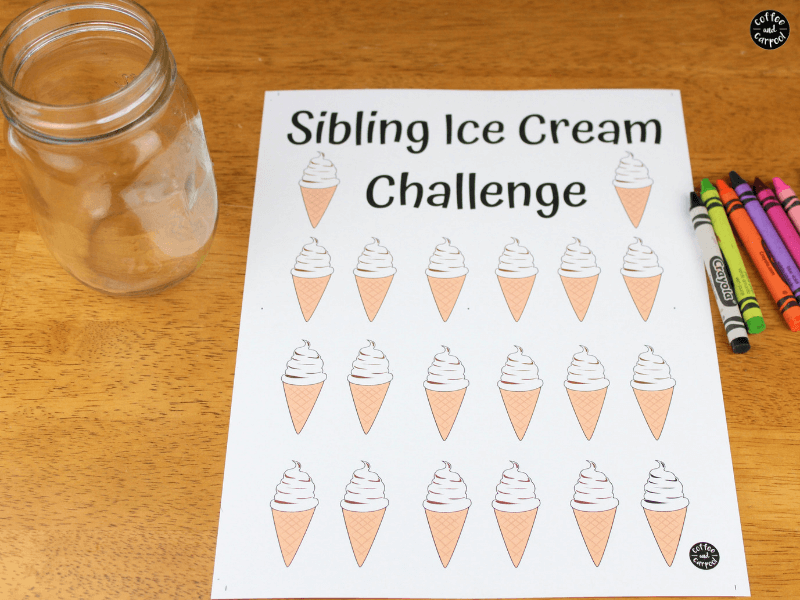 Are you parenting siblings? If you want them to be kinder to one another, try this unique ice cream kindness challenge to encourage them to be kinder to their sisters and brothers. Includes a free printable. #kinderkids #raisekindkids #siblings #parenting101 #parenting #parentingsiblings #kindnessmatters #kindnesschallenge #freeprintable #coffeeandcarpool