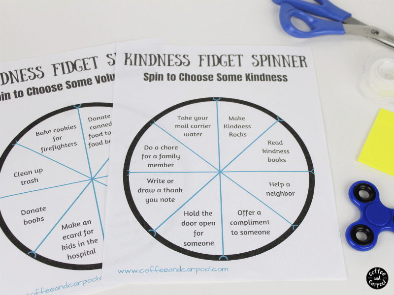 Fidget spinner activity to help spread kindness with our kids. Give your kids ideas to volunteer and ideas to share kindness. #fidgetspinner #volunteeractivities #kindnessactivities #coffeeandcarpool #