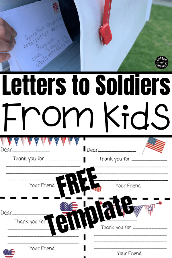 Spread kindness with this summer activity by writing letters to soldiers from kids. It's a great way to spend the 4th of July, Memorial Day or Veterans Day honoring and thanking our servicemen and women and veterans #summeractivitiesforkids #summeractivity #patriotic #4thofjuly #kindness #spreadkindness #freeprintable #letterstosoldiers #operationgratitude #coffeeandcarpool