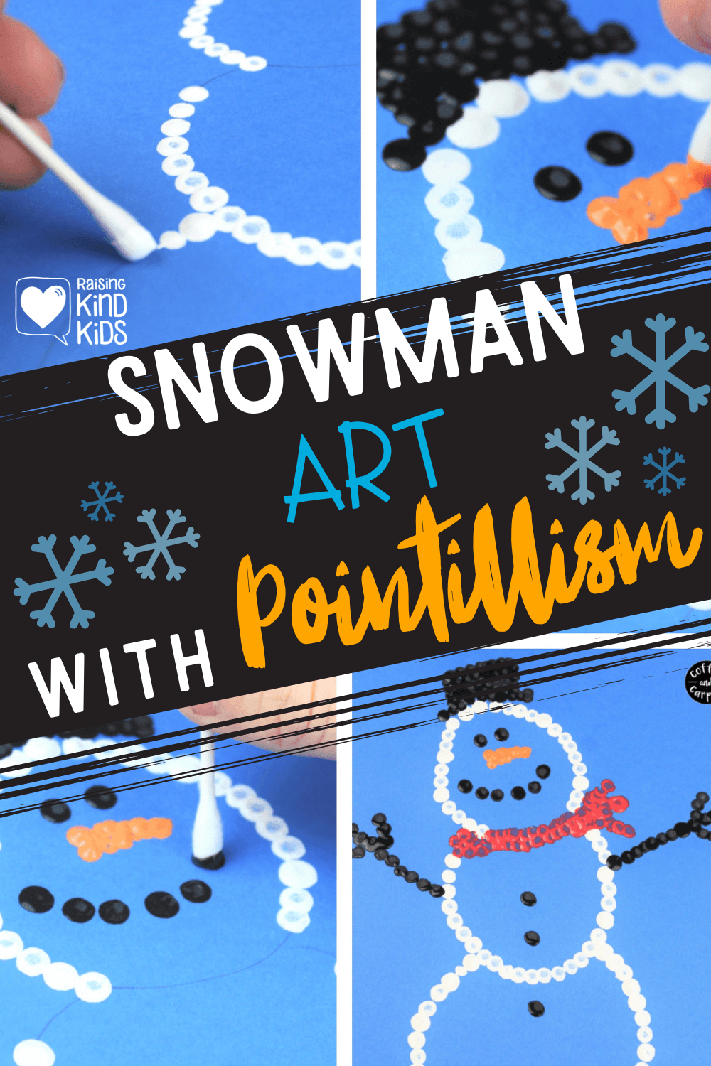 Snowman art with Pointillism is the perfect winter boredom buster because you can bring winter inside. This winter art is a great way to bring snowmen come to life even if you live somewhere warm. #snowmanart @#snowmanactiviteis #winterart #winteractivities #winteractivitesforkids #winterclassroomparty #classroomholidayparty #snowmenactivity #artactivityforkids