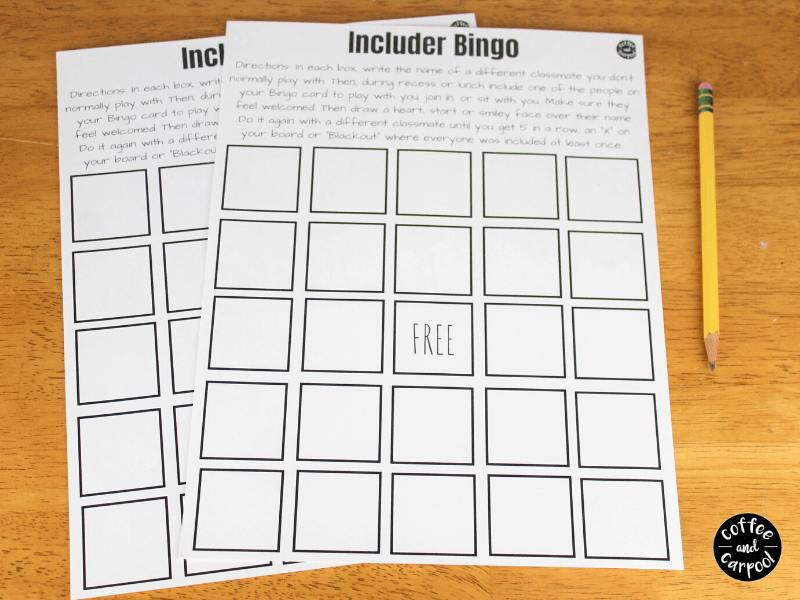 Includer Bingo Game is a way to encourage kids to be kind to other kids, include classmates, invite kids they don't know well to sit with them or play with them or partner with them. It's an easy kindness activity for kids that gives them practice being kind. #kindnessactivities #kindnessactivity #kindnessactivitiesforkids #kindkids #includer #bingogamesforkids #classroomkindness #teachkindnessinschools #schoolkindness #teacherresources #sel #coffeeandcarpool #raisekindkids 