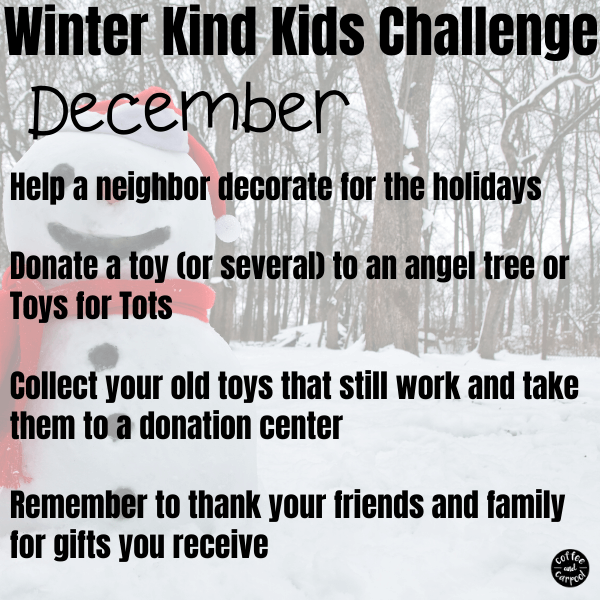 This winter kind kids challenge will help kids be kinder to those around them. This is perfect for December kindness activities for kids. #kindnessactivities #kindnessactivitiesforkids #kindkids #kindnessmatters #kindnesschallenge #kindnesschallengeforkids #winteractivitiesforkids 