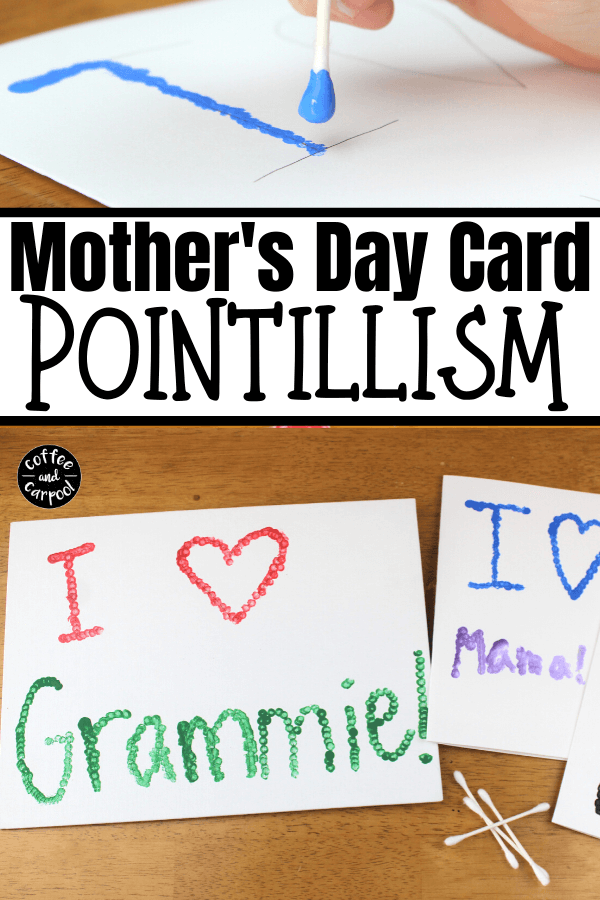 Celebrate Mother's Day with these Mother's Day cards that can also be painted on canvas to be homemade Mother's Day gifts that kids can make with pointillism. #mothersdaycards #mothersdaygifts #mothersdayartproject #mothersdaycardskidscanmake #mothersdaygiftskidscanmake #grandmothergifts 