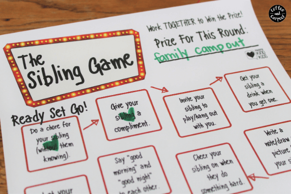 If you're looking for ideas for teaching siblings to be kind to each other this sibling kindness game will help! It sets them up to be on the same team, to work together for a common goal na dhelps them be kind to siblings daily. #siblings #raisingsiblings #siblingkindness #beingkindtosiblings #beakindsibling
