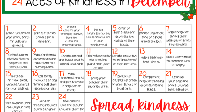 Use this Christmas Kindness for Kids Advent Calendar free printable to get 24 kindness activities perfect for December.