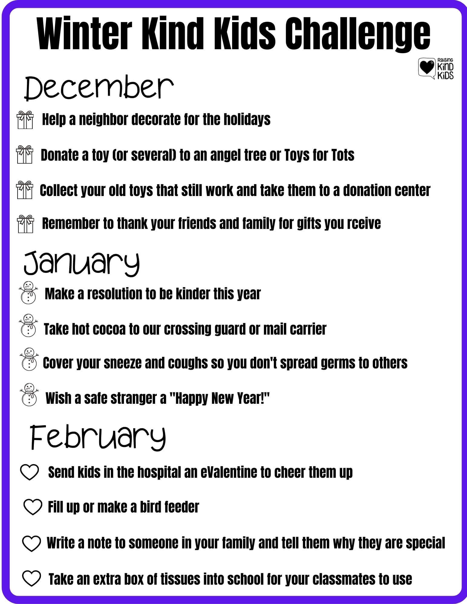 This winter kind kids challenge will help kids be kinder to those around them. This is perfect for December kindness activities for kids. #kindnessactivities #kindnessactivitiesforkids #kindkids #kindnessmatters #kindnesschallenge #kindnesschallengeforkids #winteractivitiesforkids