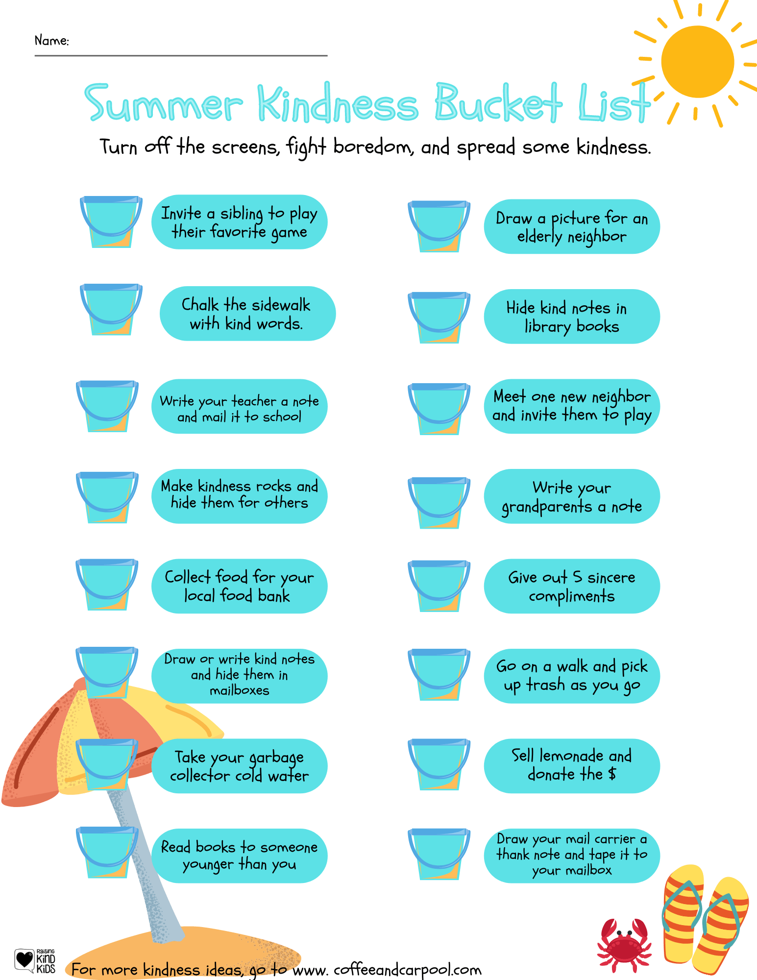 Use this summer kindness bucketlist to encourage your kids or students to act and speak with more kindness this summer and learn different ways to show their kindness. It's a great summer boredom buster for kids and families.
