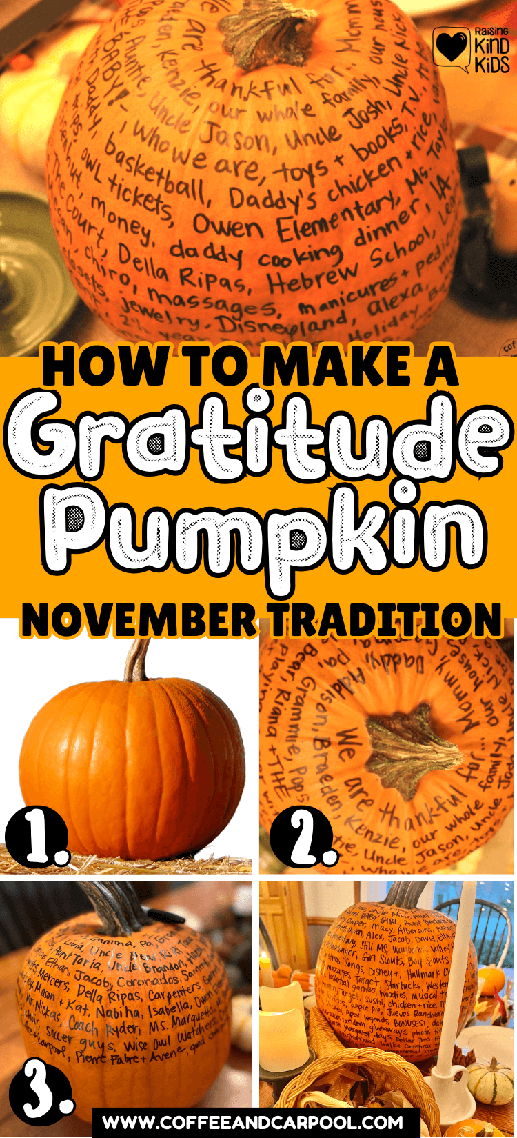 Encouraging gratitude is fun and festive with this Thanksgiving tradition of a gratitude pumpkin. Fill it out every November evening. It's a great family tradition to focus on gratitude. #gratitude #gratitudepumpkin #grateful #Thanksgivingidea #Thanksgivingtraditions #Thanksgivingforfamilies #Novembertraditions #coffeeandcarpool