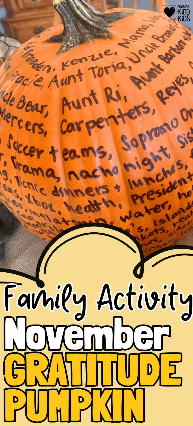 Encouraging gratitude is fun and festive with this Thanksgiving tradition of a gratitude pumpkin. Fill it out every November evening. It's a great family tradition to focus on gratitude. #gratitude #gratitudepumpkin #grateful #Thanksgivingidea #Thanksgivingtraditions #Thanksgivingforfamilies #Novembertraditions #coffeeandcarpool