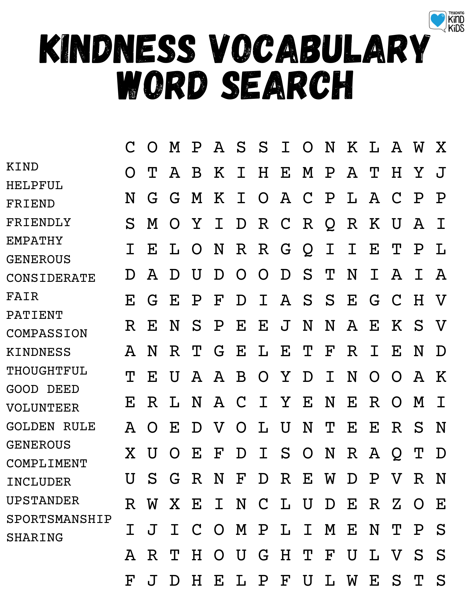 Kindness wordsearch is a fun way to reinforce sel concepts when teaching kindness.