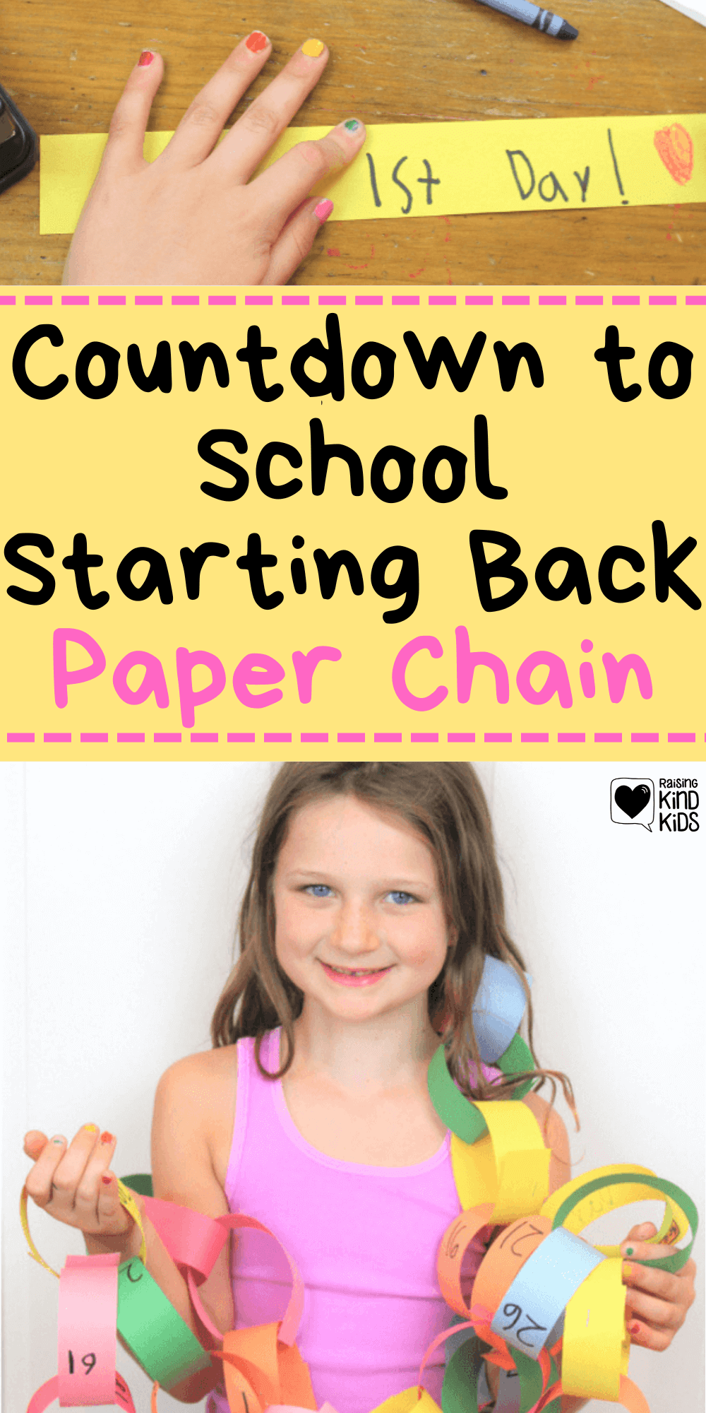 Get kids excited for school with this countdown to back to school paper chain. It's one of the perfect summer activities for kids as summer vacation ends and fall begins. Generate back to school excitement with this back to school craft #backtoschool #paperchain #countdown #countdowncalendar #paperchaincountdown #backtoschoolactivities #summeractivities #backtoschoolexcitement 