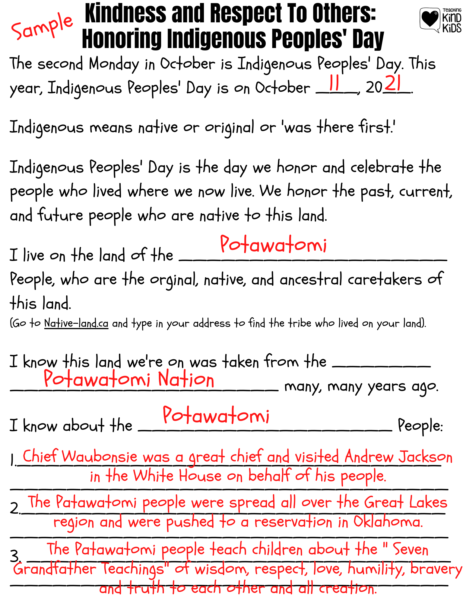 Honor and celebrate Indigenous Peoples' Day with this free printable to help students understand whose land they're living on in a respectful and kind way. 