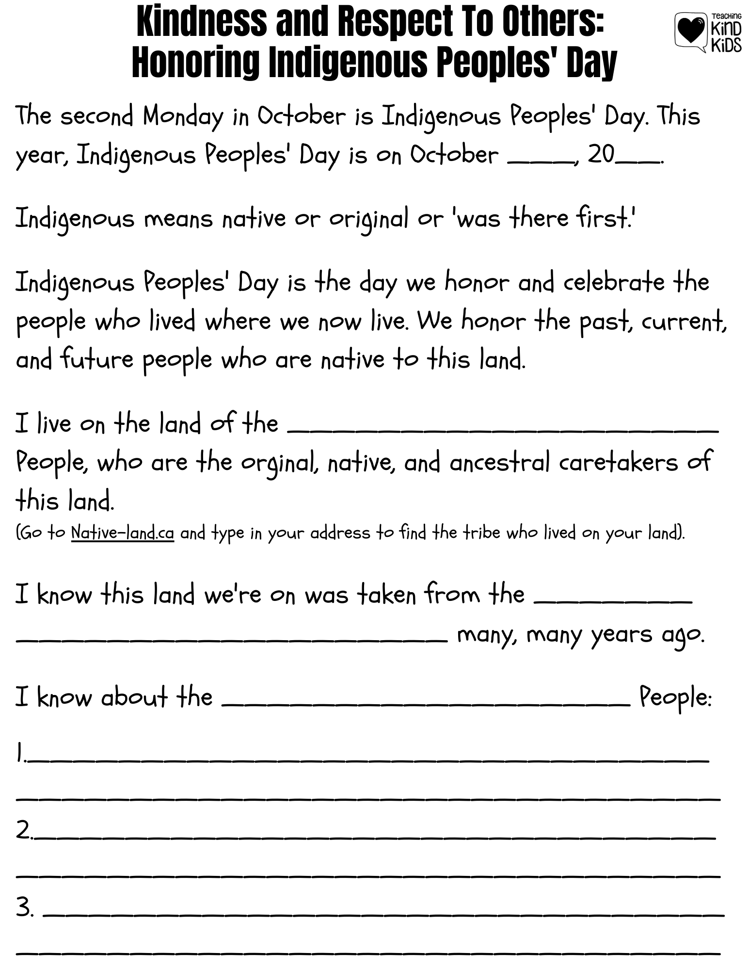 Honor and celebrate Indigenous Peoples' Day with this free printable to help students understand whose land they're living on in a respectful and kind way. 