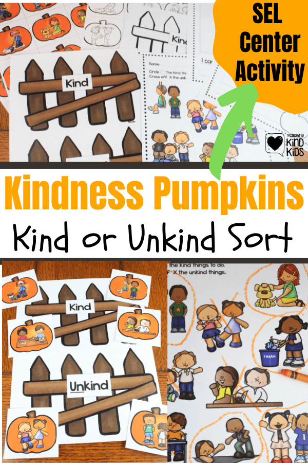 Use this kindness pumpkin hands-on sel activity to help kids determine what is kind and what is not.