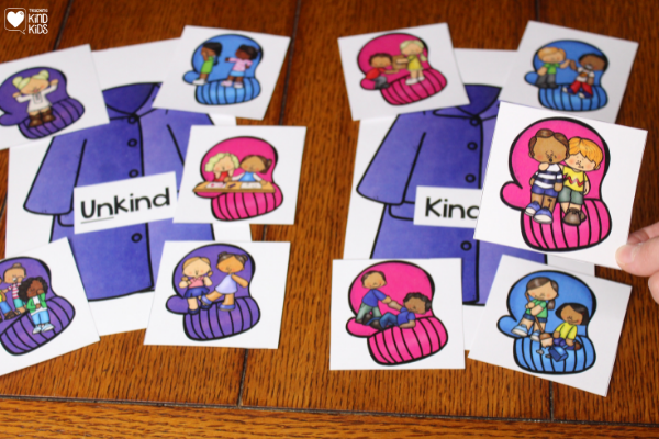 This kindness mittens activity helps kids sort kind and unkind behavior as a character education winter themed centers activity.