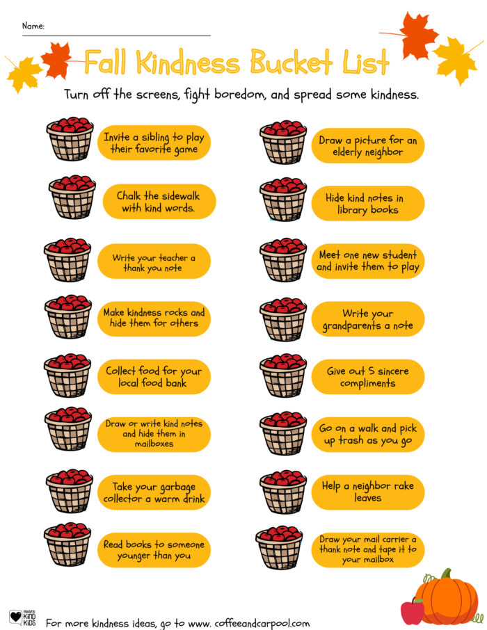 Use this fall kindness bucket list to help spread kid-friendly kindness this autumn