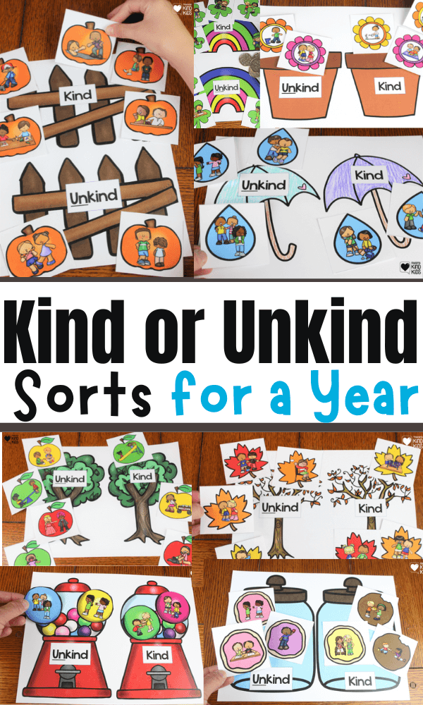 Use these kind or unkind sorts as social emotional learning centers perfect to help kids understand what is kind and what is not. 